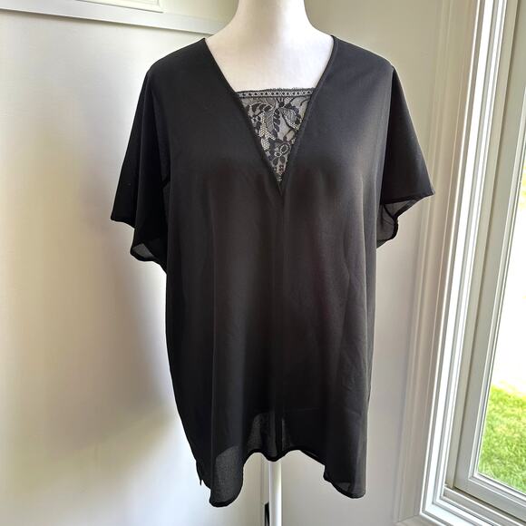 Kut From The Kloth Black Lace V-Neck Flowy Blouse Short Sleeve Large - Picture 1 of 6